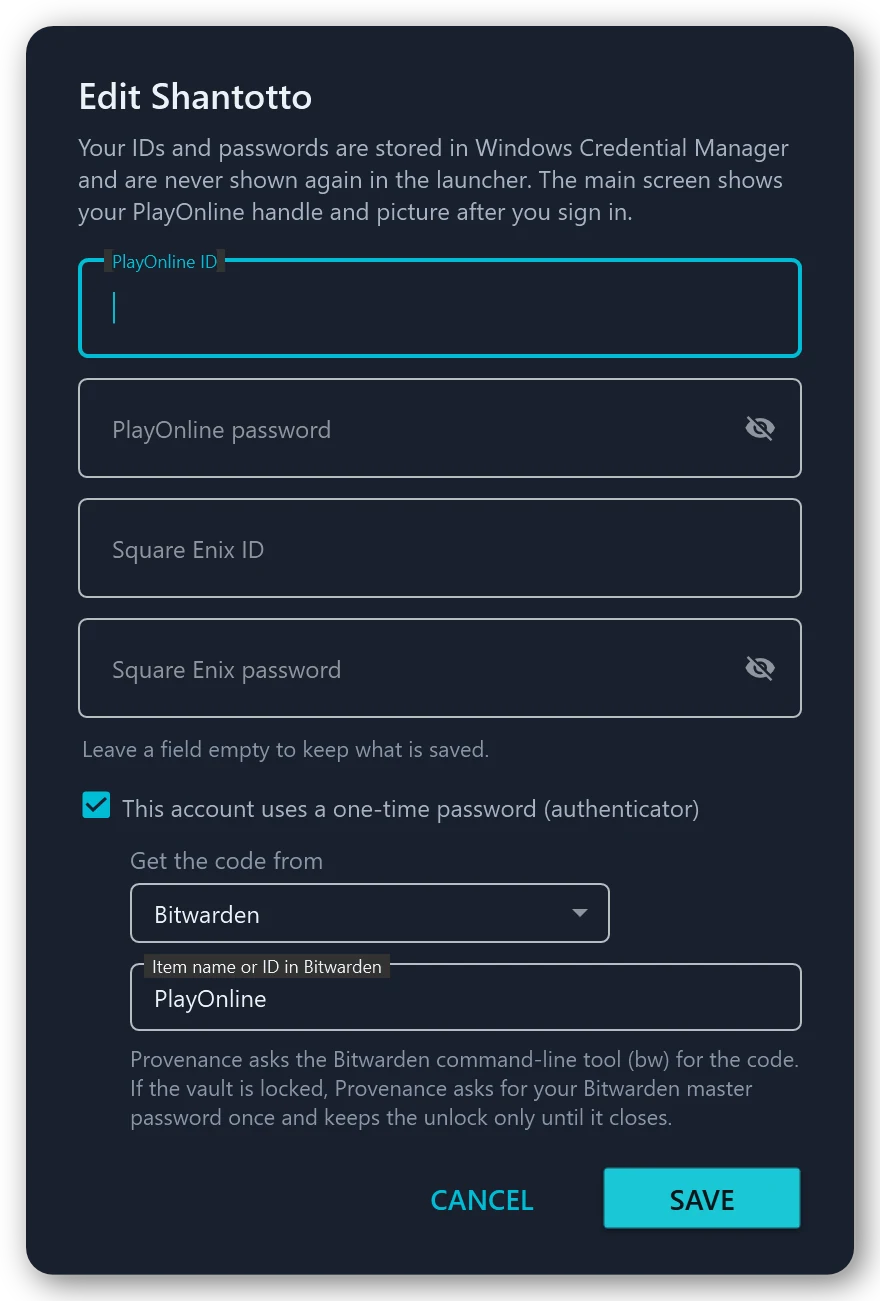 Editing a saved account in Provenance, with its one-time password coming from a password manager