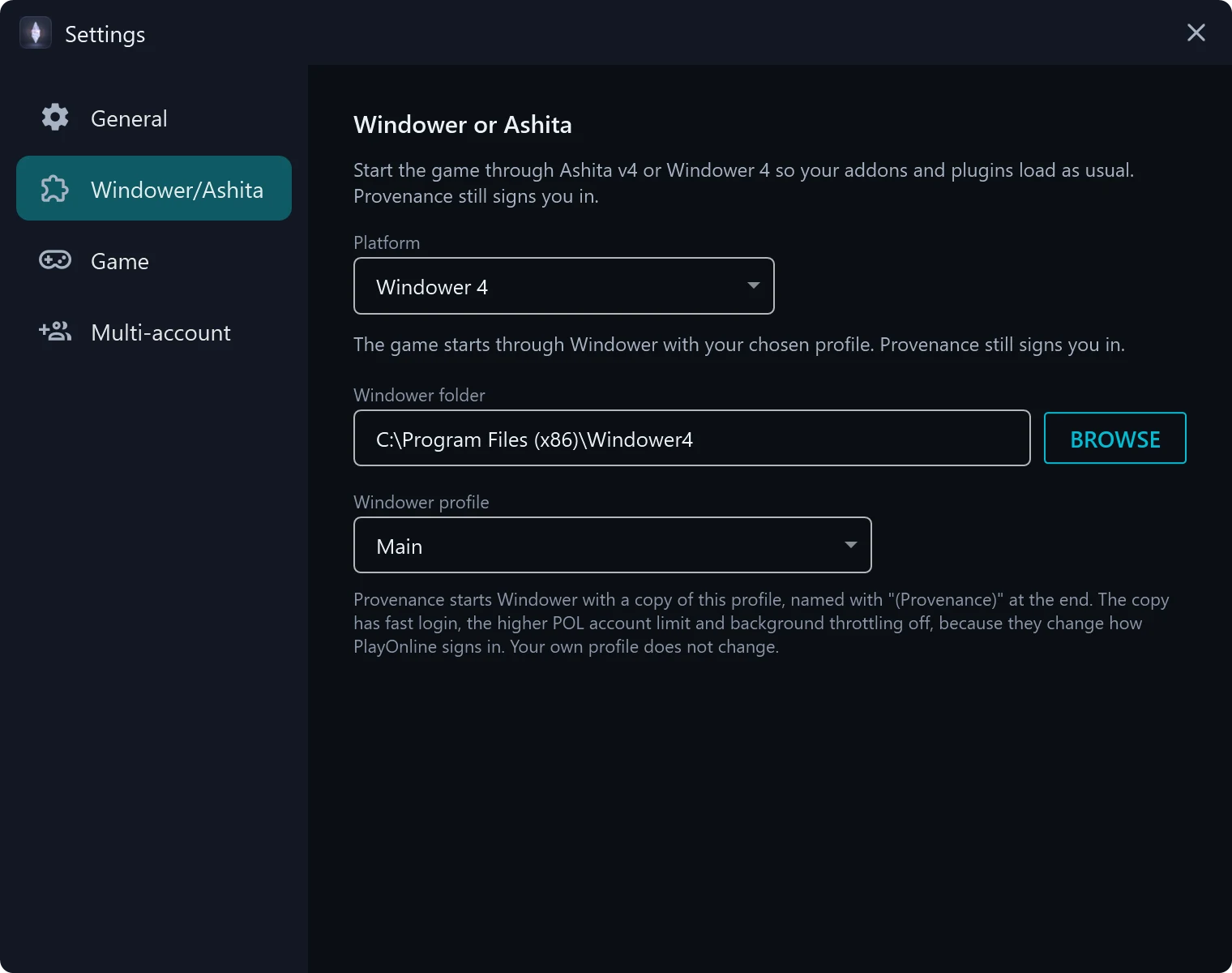 Provenance settings, showing the Windower and Ashita options