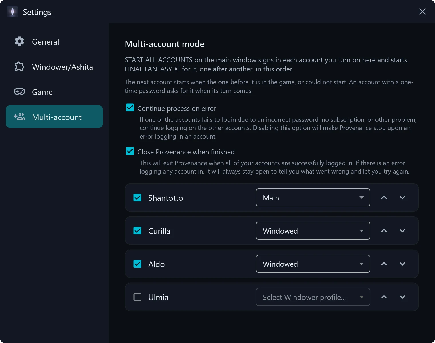 Provenance settings, on the multi-account page